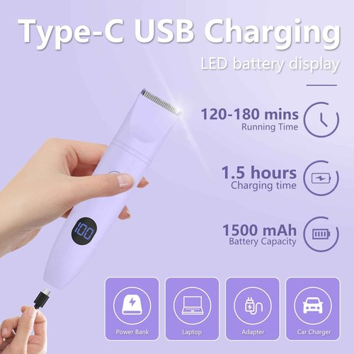 3-in-1 Bikini Trimmer for Women, IPX7 Waterproof Electric Shaver for Women-Rechargeable Electric Razors for Pubic, Facial & Body Hair Trimmer with LED Display, Travel Kit & Painless Blades (Purple)