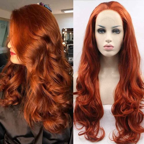 Xiweiya Long Wavy Copper Red Lace Front Wig Glueless Free Part Auburn Color Synthetic Wig for Women, Drag Queen with Heat Resistant Fiber Hair Replacement Wig Cosplay Halloween Wig 24 inch