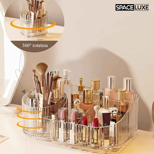 SpaceLuxe Makeup Organizer with Drawers and 360° Rotating Brush Holder, Large Capacity Cosmetic Storage for Vanity, Skincare, Perfume, Hair Accessories, Lipstick & Jewelry (Clear, 2-layer)