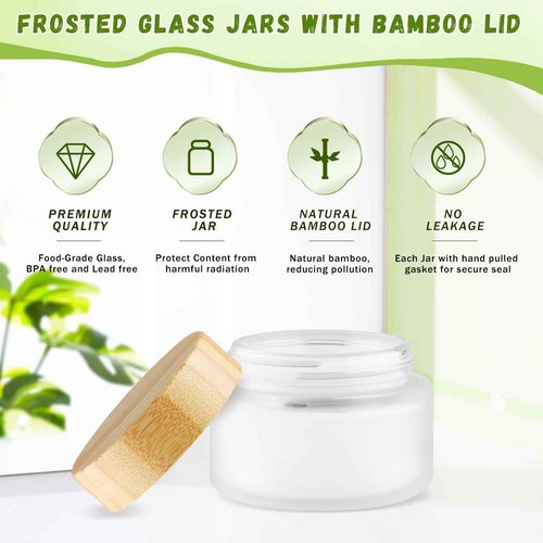 DMuuuDM Glass Bamboo Jars with Lid,Empty Round Frosted Glass Jar Holder with Inner liner,Small Travel Cosmetic Jars for Moisturizer,Foundation,Lotion,Cream,body butter,Candle Making-6 Pcs (100ml)