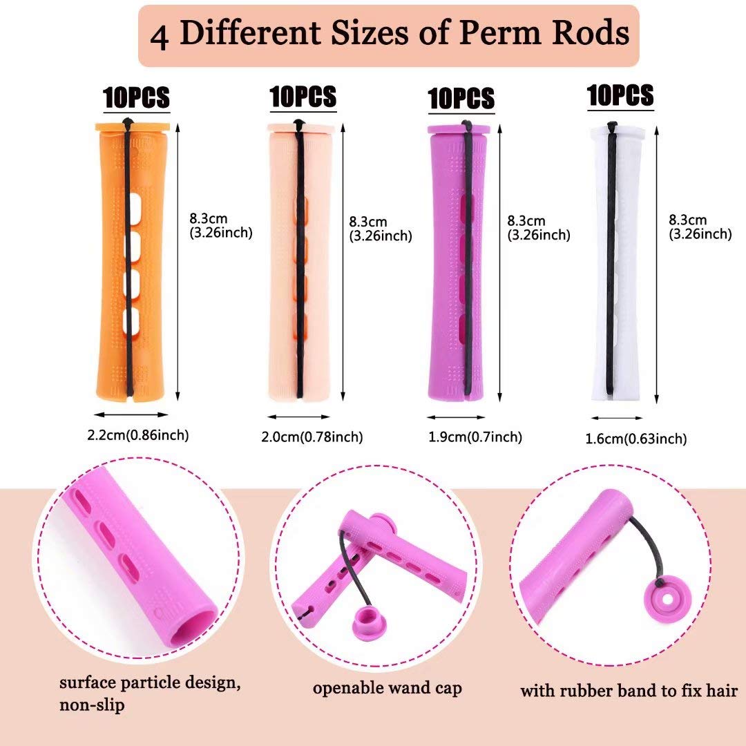 40pcs Perm Rods Set for Natural Hair 4 Sizes Cold Wave Rods Hair Rollers for Women Hair Curling Rods for Long Medium Small Hair Curler Styling DIY Hairdressing Tools（Orange+Beige+Purple+white）