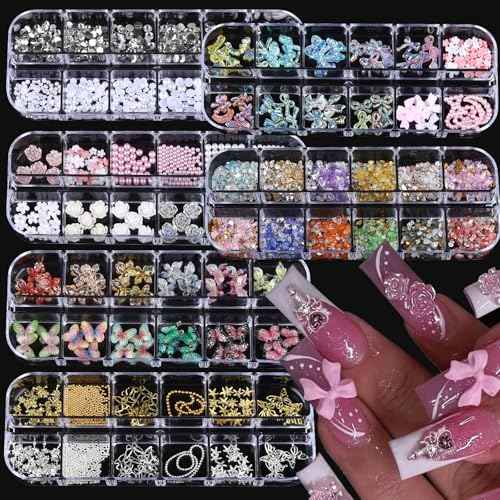 Nail Charms, Multi Shape Nail Rhinestones Kit 3D Multi Shape Nail Gems Colorful Butterfly Flowers Nail Crystals Flat Back Nail Pearls for Nail Art Supplies DIY Accessories 6 Boxes