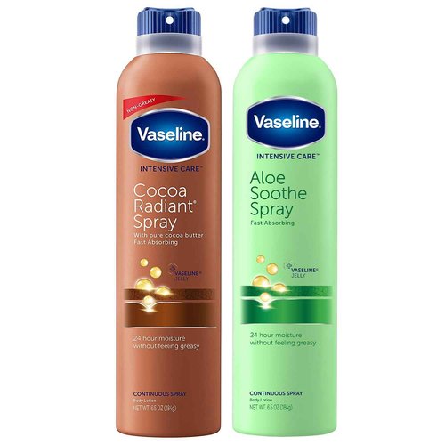 Vaseline Cocoa Radiant Spray + Aloe Soothe Spray Variety 2-Pack – Non-Greasy, Fast-Absorbing All-Over Moisturizer for Dry Skin, 6.5 Oz Ea