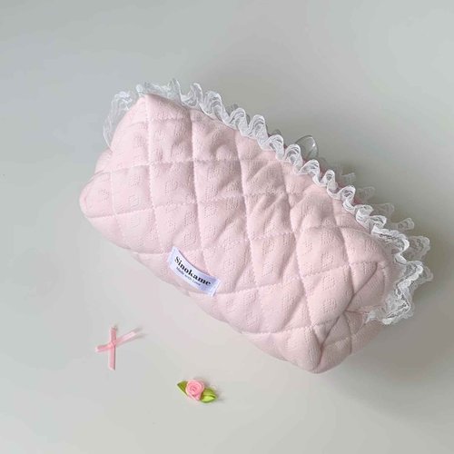SINOKAME Handmade Pink Cute Quilted Makeup Bag, Lace Coquette Cosmetic Bag Fluffy Soft Reusable Toiletry Pouches Organizer, Reusable Washable Bags for Women Gifts(sweet angel)
