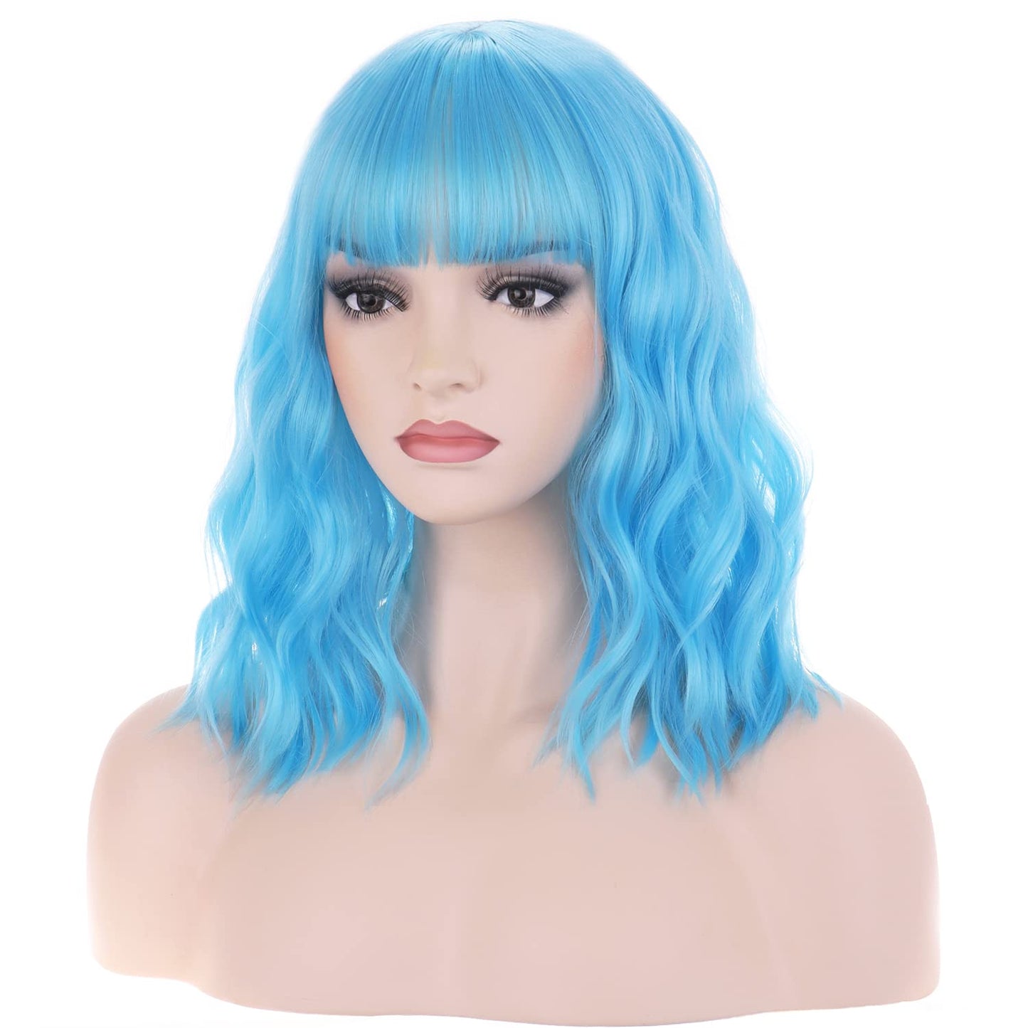 BERON 14 Inches Blue Wig Short Curly Wig with Bangs Women Girl's Charming Wig Sky Blue Wig Synthetic Wig with Wig Cap