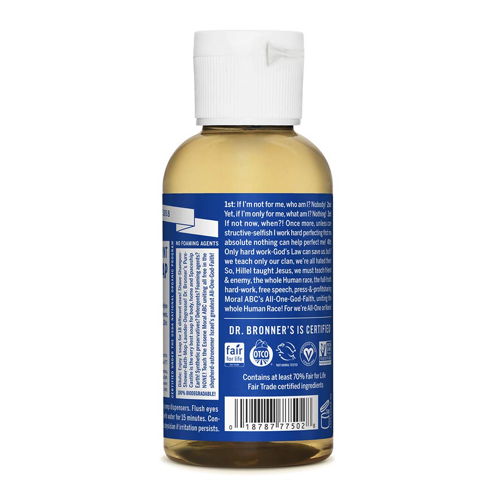 Dr. Bronner's - Pure-Castile Liquid Soap (Peppermint, Travel Size, 2 ounce) - Made with Organic Oils, 18-in-1 Uses: Face, Body, Hair, Laundry, Pets and Dishes, Concentrated, Vegan, Non-GMO