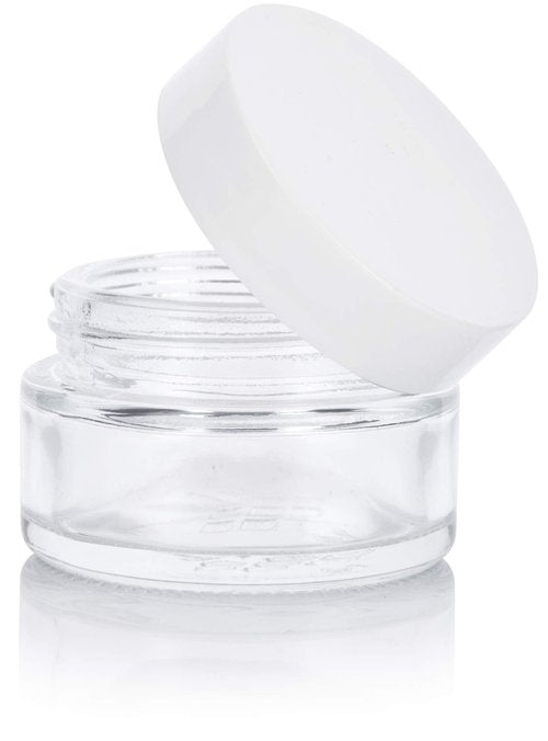 Clear Glass 0.50 oz / 15 ml Low Profile Thick Wall Balm Empty Jars (24 pack, White Smooth Foam Lined Lids)