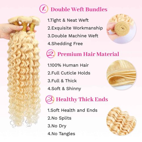 LIXION 613 Bundles Human Hair 16 Inch Blonde Deep Wave Bundles Human Hair 1 Bundle 14A Grade 100% Unprocessed Brazilian Virgin Raw Hair Weave Extensions for women 100g