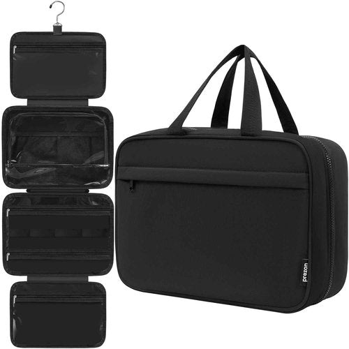prezon Toiletry Bag For women,Portable Hanging Organizer,4 Leakproof Compartment for full-sized Conditioner, Brushes Set, Makeup Accessories,Visible and easy to access.L-black