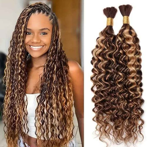 Curly Ombre Braiding Hair 100G 18 Inch Water Wave Honey Blonde with Brown Braiding Hair 4/27 Highlight Curly Bulk Human Hair Bohemian Blonde Highlight Human Bariding Hair for Boho Braids 2Bundles/Pack