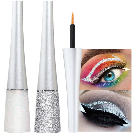 evpct 2Pcs Pearl White Silver Color Liquid Glitter Eyeliner Sets Eyeliner Glitter Liquid Liners for Women Liquid Sparkly Glitter Eyeliner delineador con glitter de colores para ojos colores 09+10