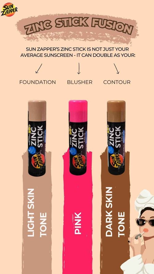 Sun Zapper Zinc Oxide Sunscreen Stick – SPF 50+ Tinted 3-Pack (Light, Dark, Pink) – Sunscreen Stick, SPF Makeup, Sunscreen Makeup, SPF Blush, Sunscreen Blush – Water Resistant, Made in Australia