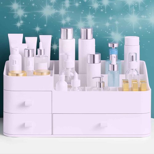 Makeup Organizer for Vanity – Large Cosmetic Storage Box with Drawers & Compartments for Brushes, Lipsticks, and Skincare – Bathroom Countertop Organizer for Women & Girls – Elegant White Design