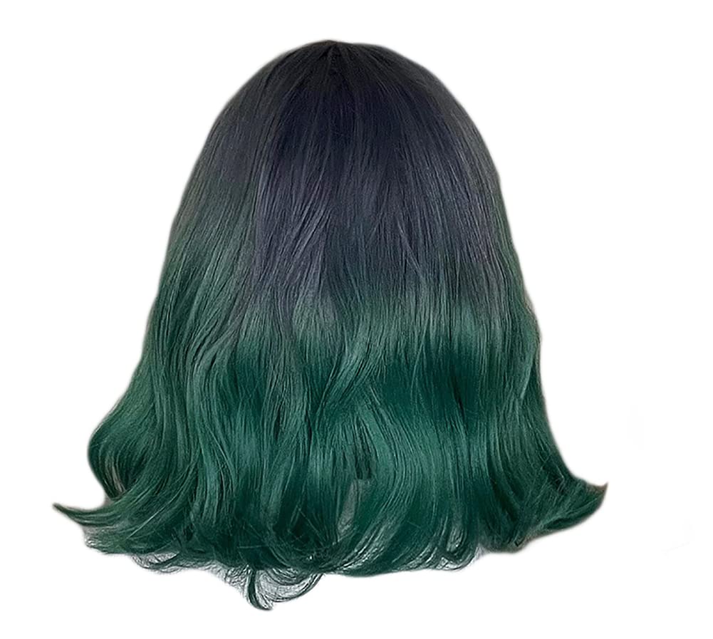 Sharebeauty Synthetic Bob Wig for Women Natural Wavy Curly Full Wig with Bangs Ombre Grey/Deep Green