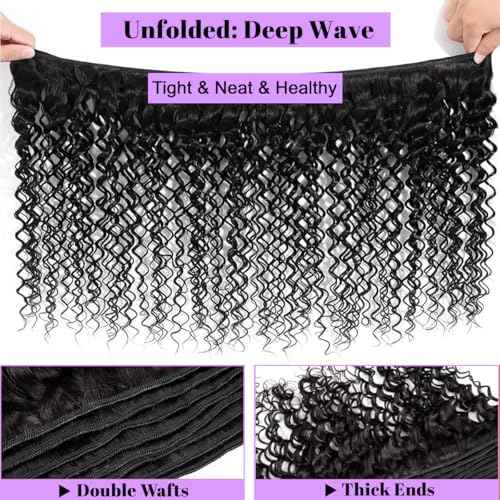 Deep Wave Human Hair Bundles 16 18 20 Inch Deep Wave Bundles 100% Unprocessed Brazilian Virgin Hair 3 Bundles Curly Bundles Hair Extensions Real Human Hair Wavy Quick Weave Bundles Natural Black