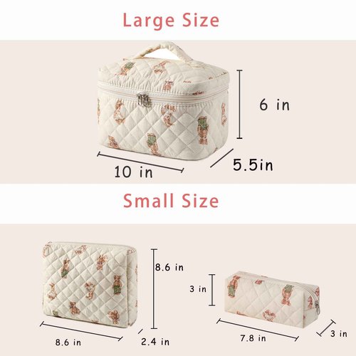 RSRSLEII 3 Pcs Quilted Cotton Makeup Pouch, Coquette Floral Quilted Toiletry Makeup Bag for Women and Girls, Aesthetic Travel Organized Cosmetic Bags(03Bear Pattern)