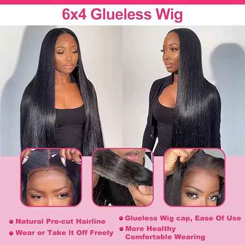 Straight Gluless Lace Wigs Human Hair Pre Bleached Invisible Knots 30 Inch 6x4 HD Lace Front Wigs Human Hair Glueless Wigs Human Hair for Women Pre Plucked 180% Density