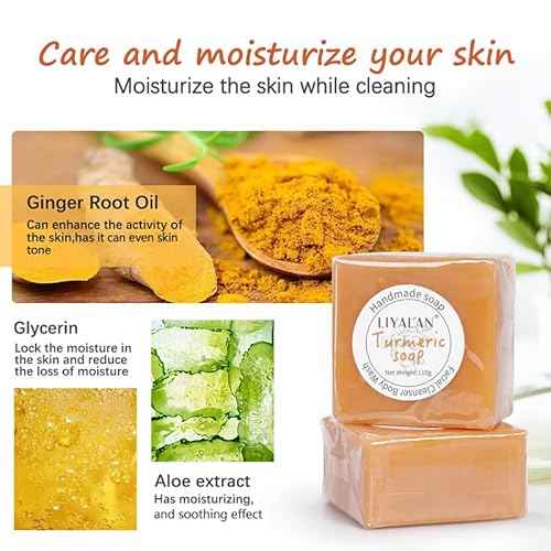 LIYALAN Turmeric Soap Bar 3.88 oz each Bar for Face and Body evens out skin tone,Smooth Skin,Cleansing Handmade Soap contains 3 bars with a fresh ginger and lemongrass scent