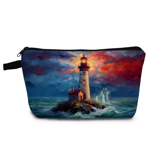 YULUENZE Lighthouse Gift Storm Beacon Makeup Bag Cute Small Organizer Bag with Zipper Lighthouse in Storm Print Cosmetic Bag Birthday Gifts for Women Friends