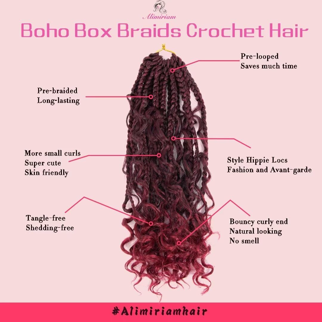 8 Packs Bohomian Box Braids Crochet Hair with Curly Ends 12 inch Burgundy Boho Bohomian Box Braid Hair Pre-looped Synthetic Braiding Hair Goddess Box Braids Crochet Hair for Black Women(12",T1B/BUG#)