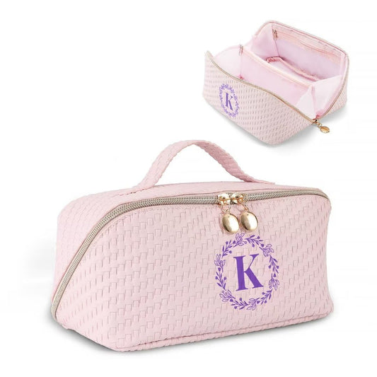 LUCKJOY Personalized Initial Makeup Bag for Women Letter Cosmetic Bag Large Capacity Travel Toiletry Bag Cute Pink Make Up Bag PU Leather Toiletry Pouch Birthday Gifts for Women Mom Bridesmaid- K