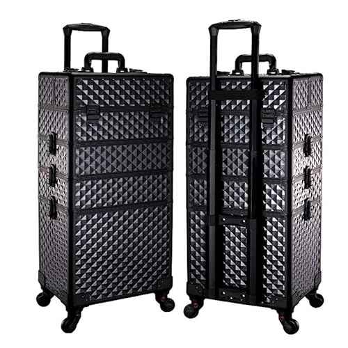 Rolling Makeup Train Case Professional Large Cosmetic Train trolley with wheels Aluminum (All Black diamond)