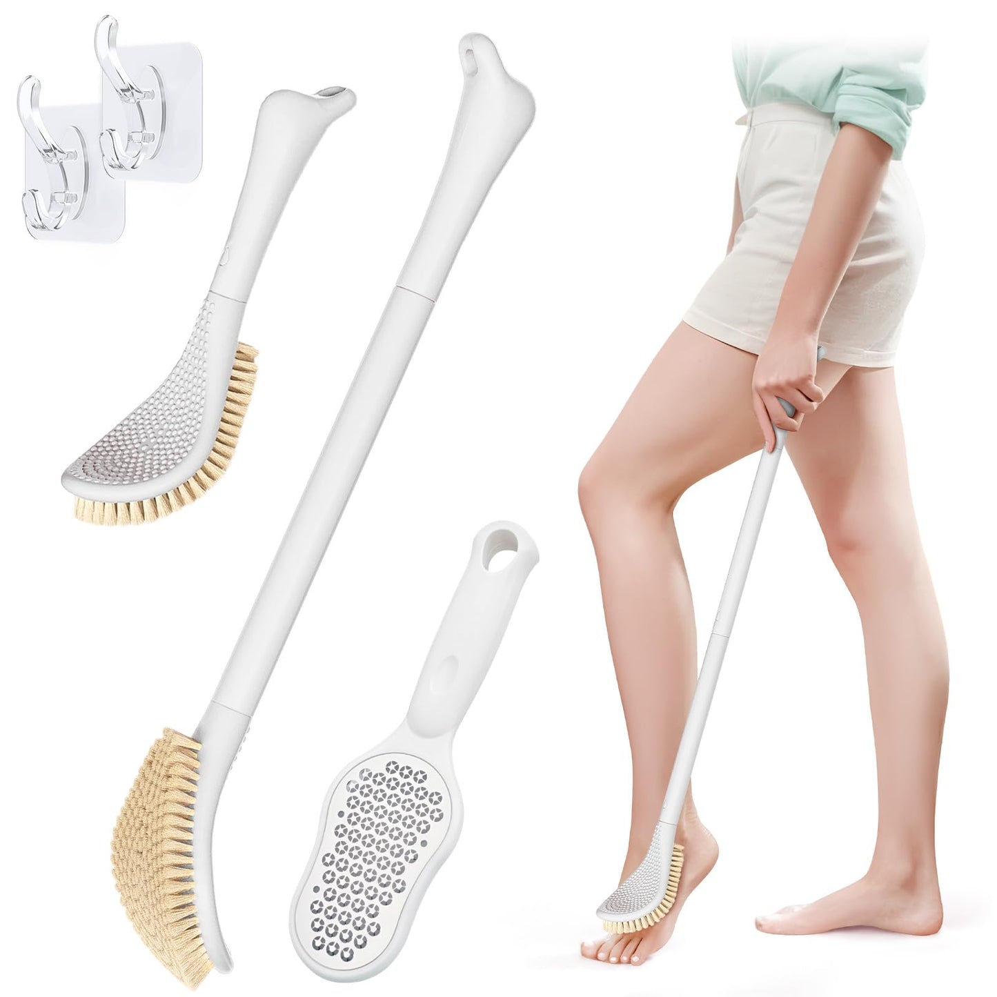 GEENOA New Foot Brush with Long Handle, 3-in-1 Foot Scrubber in Shower, 10.2’’-27.5’’Adjustable Foot Scrub Brush and Upgrade Foot File Callus Remover, Gift-Box Packaged(White+Foot File)