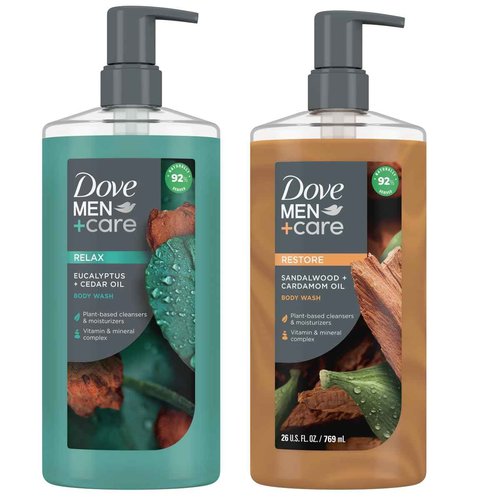 DOVE MEN + CARE Body Wash Eucalyptus + Cedar Oil to Rebuild Skin in the Shower Body Wash Sandalwood + Cardamom Oil to Rebuild Skin in the Shower