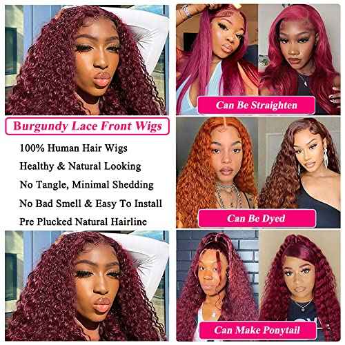 Burgundy Lace Front Wigs for Black Women 24 Inch 99J Deep Wave Wigs 13x4 Transparent Lace Frontal Wigs Glueless Wet and Wavy Red Colored Curly 100% Human Hair Wig Pre Plucked Brazilian Virgin Hair