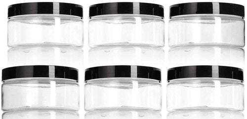 (6 Pack) 8 oz Clear Low Profile Plastic Wide Mouth Jar with Black Smooth Lids + Spatulas