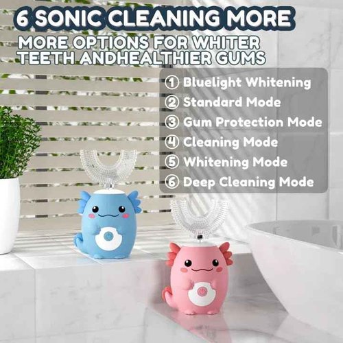 PVOGRT Kids Electric U Shaped Toothbrush - Axolotl Kids Sonic Toothbrush with 6 Brush Head Automatic Rechargeable 6 Cleaning Modes Full Mouth Cleaning-Pink