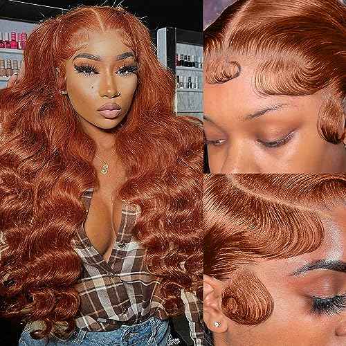 200 Density 13x6 Reddish Brown Lace Front Wigs Human Hair Pre Plucked 13x6 HD Transparent Body Wave Lace Front Wigs Human Hairs With Baby Hair Ginger #33 Colored Human Hairs Wig For Women (20 Inch)
