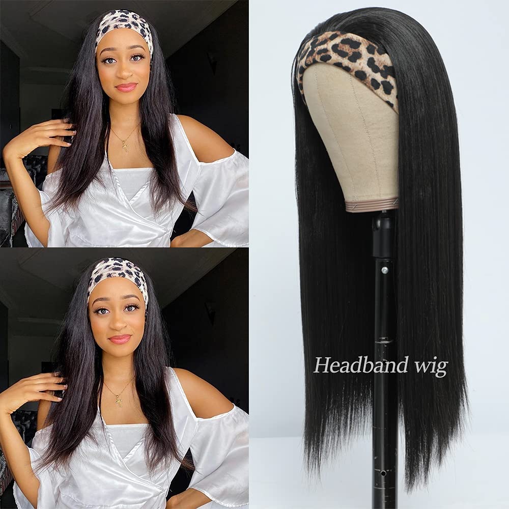 Angels Beauty Straight Headband Wig for Women Black 22 Inch Long Straight Headband Wig Premium Synthetic Headband Wig Natural Glueless None Lace Front Wigs with Headbands & Wig Caps(Black)