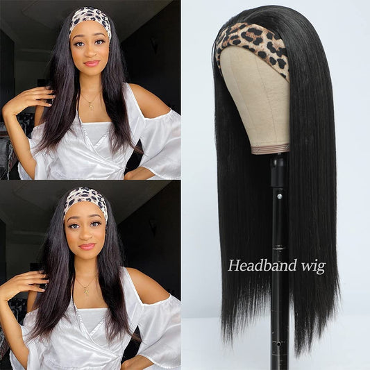 Angels Beauty Straight Headband Wig for Women Black 22 Inch Long Straight Headband Wig Premium Synthetic Headband Wig Natural Glueless None Lace Front Wigs with Headbands & Wig Caps(Black)