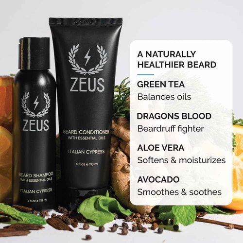 ZEUS Italian Cypress Beard Wash Set for Men, Shampoo & Conditioner Duo with Green Tea & Essential Oils, Hydrates, Softens & Strengthens Beard Hair (Made in USA)