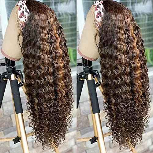 XSY Ombre Headband Wig Human Hair Honey Blonde Wig 4/27 Highglight Wig Headband Wig 100% Human Hair Wigs Deep Wave Headband Wig Curly Wig Colored Wigs 22 Inch