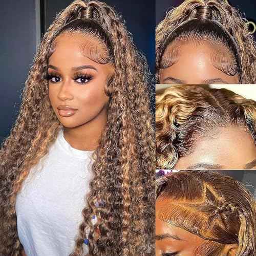 Juvid Highlight Ombre 13x6 Lace Front Wigs Human Hair 4/27 Honey Blonde Deep Wave Curly Human Hair Wig HD Transparent Frontal 180% Density Glueless Wig 20inch for Black Women Pre Plucked Hairline