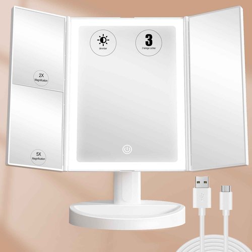 S'bagno LED Makeup Mirror with Lights, 1X/2X/5X Magnification, 3 Color Dimmable LED Modes, 270° Rotation, Trifold Vanity Mirror for Travel, Skincare & Grooming