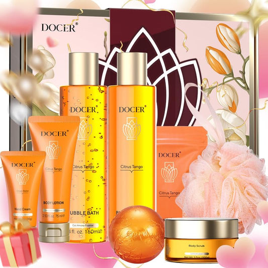 Spa Gift for Women, Teacher Appreciation Gifts DOCER Luxury 8 Pcs Spa Passion Tango Scent 2024 Gift Baskets for Women Includes Bath Bomb Salt Body Lotion Hand Scream Holiday Birthday Gifts for Women