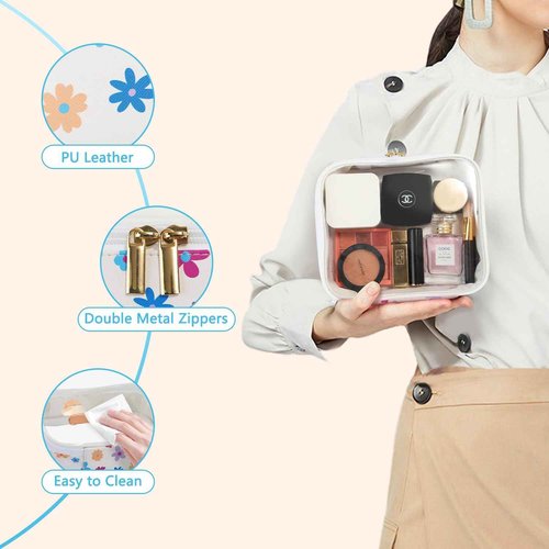 U+U Makeup Bag with compartments, Clear Makeup Organizer Bag, Waterproof Travel Clear Pouch for Toiletries Accessories (Colorful Flower)