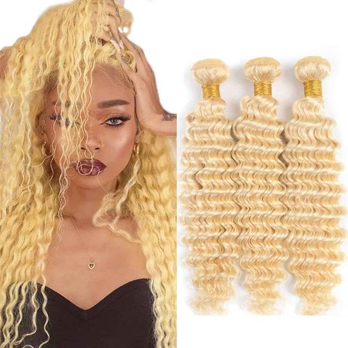 FuivJuix 613 Blonde Bundles Deep Wave Bundles Human Hair 16 16 16 Inch Brazilian Virgin Hair Honey Blonde Deep Wave Bundles Human Hair Extensions 3 Bundle 50 Gram Per Bundle
