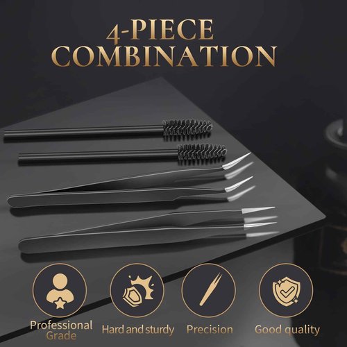 KLDKUST Stainless Steel Eyelash Extension Tweezers (Straight & Curved Tip) & Eyelash Brushes (4PCS, Black) for Eyelash Extension Applications