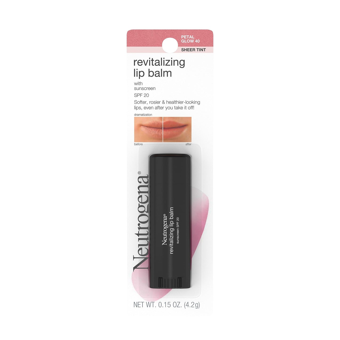 Neutrogena Revitalizing and Moisturizing Tinted Lip Balm with Sun Protective Broad Spectrum SPF 20 Sunscreen, Lip Soothing Balm with a Sheer Tint in Color Petal Glow 40, .15 oz