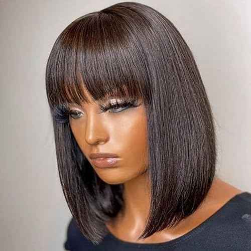 Straight Short Bob Natural Black HD Lace Front Wigs with Baby Hair 13X4 Glueless Human Hair Bangs Pre Plucked with Bleached Knots 180 Density for Black Woman 10 Inch