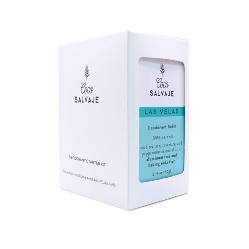 COCO SALVAJE Natural Deodorant Starter Kit for Women & Men | Aluminum Free with Magnesium | Non toxic, Vegan, Hypoallergenic and Pregnancy Safe | 2.11oz Refill & Metal Case (LAS VELAS (Minty))