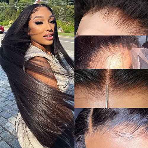 Derun 4x4 Real HD Lace Closure Wigs Human Hair 180% Density 0.1MM Ultra-thin Invisible Swiss Lace Front Straight Wig Pre-plucked with Baby Hair Vivid Hairline Bleached Knots and Elastic Band Glueless