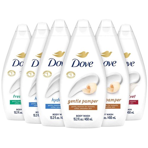 Dove Body Wash Variety 6-Pack – Hydrate, Gentle Pamper, Fresh Care, and Silky Velvet, 15.2 Oz Ea