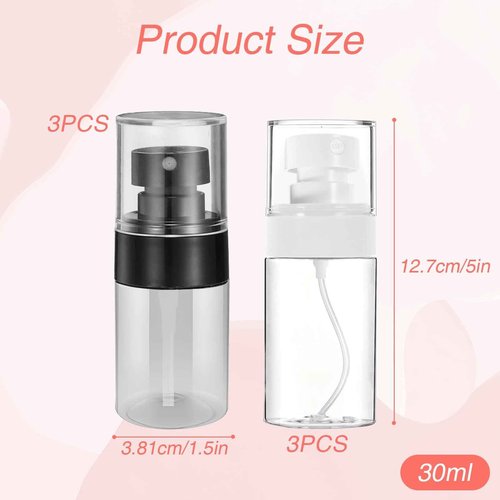 QIYUDA 6 Pack 1oz Mini Spray Bottle, 30ML Plastic Empty Refillable Fine Mist Travel Toners Perfume Face Small Spray Bottles (3Pcs Black + 3Pcs White)