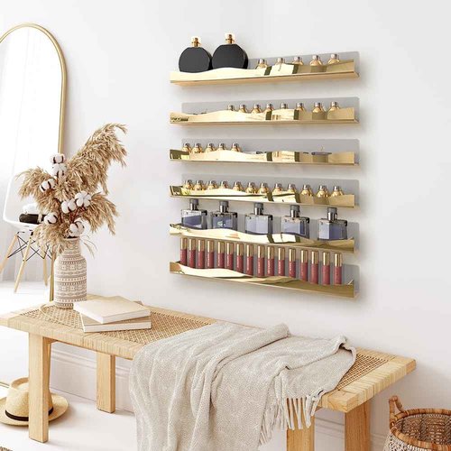 YMVV Mirror Gold Acrylic Nail Polish Rack, 15 Inch Wall Mounted Shelf Nail Polish Shelf, Sunglasses Essential Oil Storage Display Rack 6 Pack
