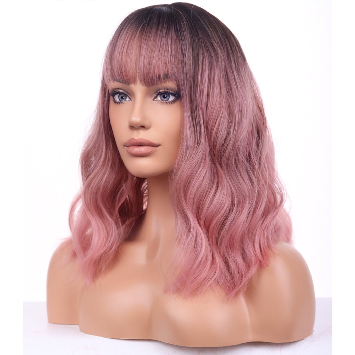 BERON Ombre Pink Wigs Short Curly Bob Wig with Bangs Ombre Color Wavy Hair Wigs Women's Synthetic Wigs Daily Party Use